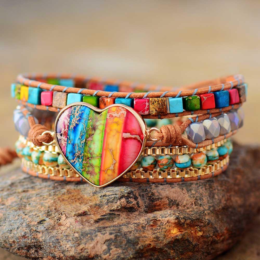 RainBow Heart Stone Boho Leather Wrap Bracelet