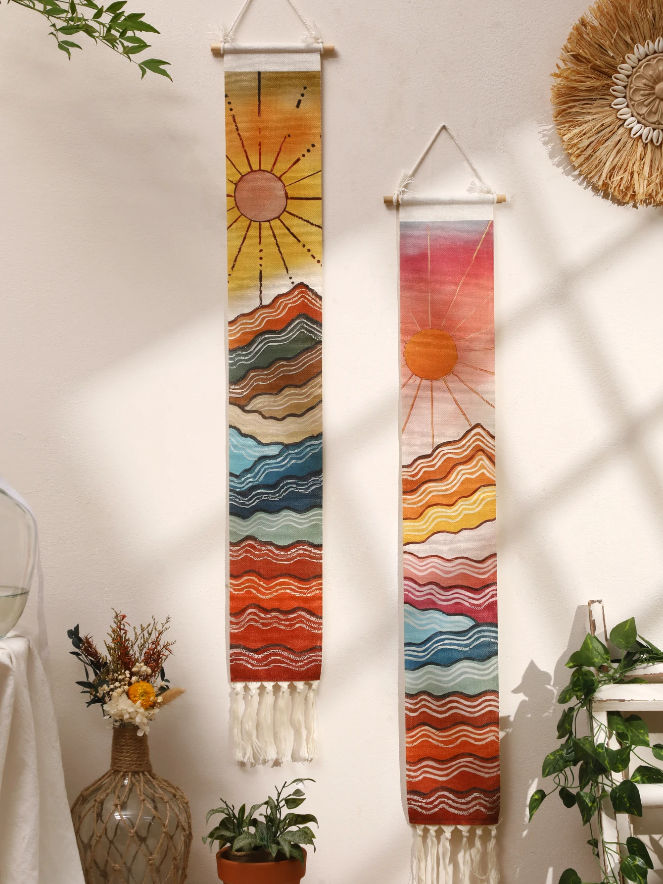 Macrame Wall Tapestry Mountain & Sunrise and sunset Boho Home Decoration Tapestry Wall Hanging Room Decors Aesthetic Wall Decor