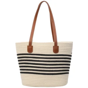 Striped Design Straw Tote Bag Large Capacity Beach Boho Style Handbag Shopping Bag