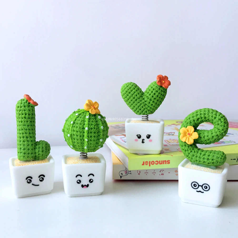 4Pcs Cactus Flower Figurine Decorative Micro Landscape Lovely LOVE Resin Small Potted Cactus Car Decoration for Home