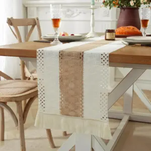 Boho Farmhouse Linen Table Runner–Rustic Macrame with Tassels, Burlap & Cotton Blend for Home Decor and Holiday Events