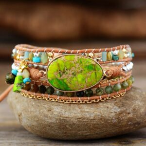 Variscite Jasper leather wrap bracelet with charms