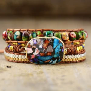Marble Forest Wrap Bracelet Leather Strands Jasper Stones