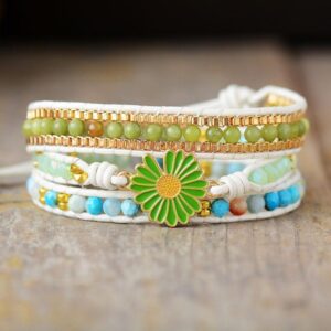 Daisy Passion Wrap Bracelet Gray Leather White Leather Strands