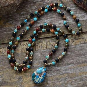 Ocean whales long Necklace - Labradorite , Onyx and Amazonite Stone Beads