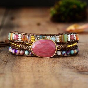 Fancy Bouquet Rhodonite Natural Gemstone Bracelet Black Leather